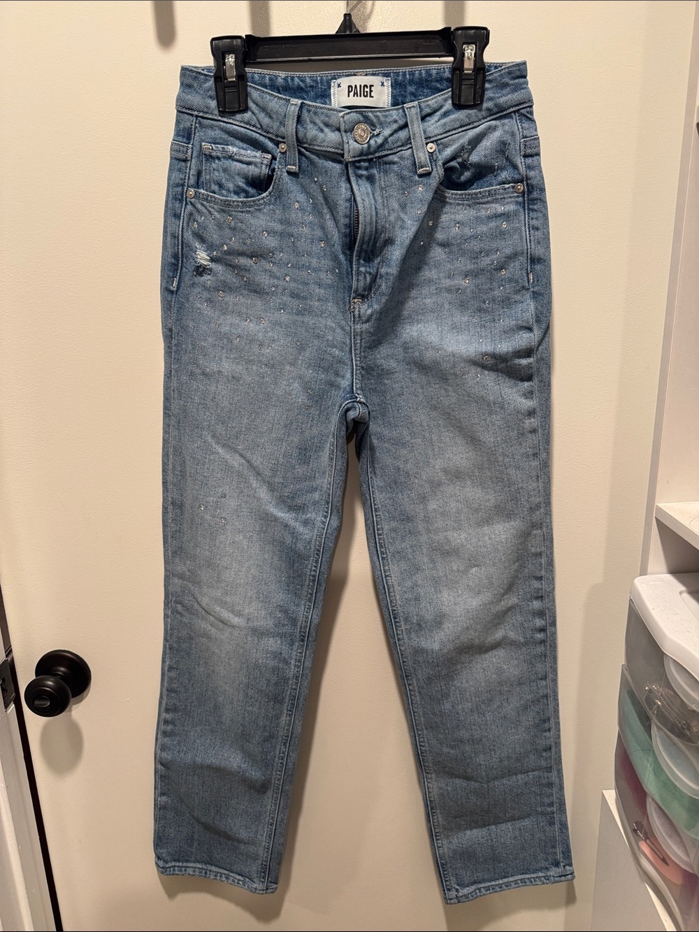 PAIGE Light Blue Slim Straight Jeans with Stud Accents